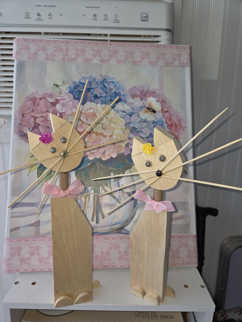 Handmade And Designed Wooden Cat Figurines with Pink Bows